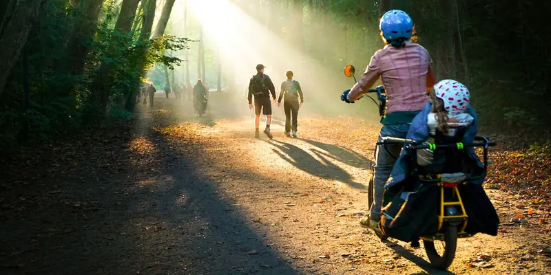 Symbolbild: Mutter und Kind auf dem Lastenrad, Sonnenstrahlen fallen durch den Herbstwald